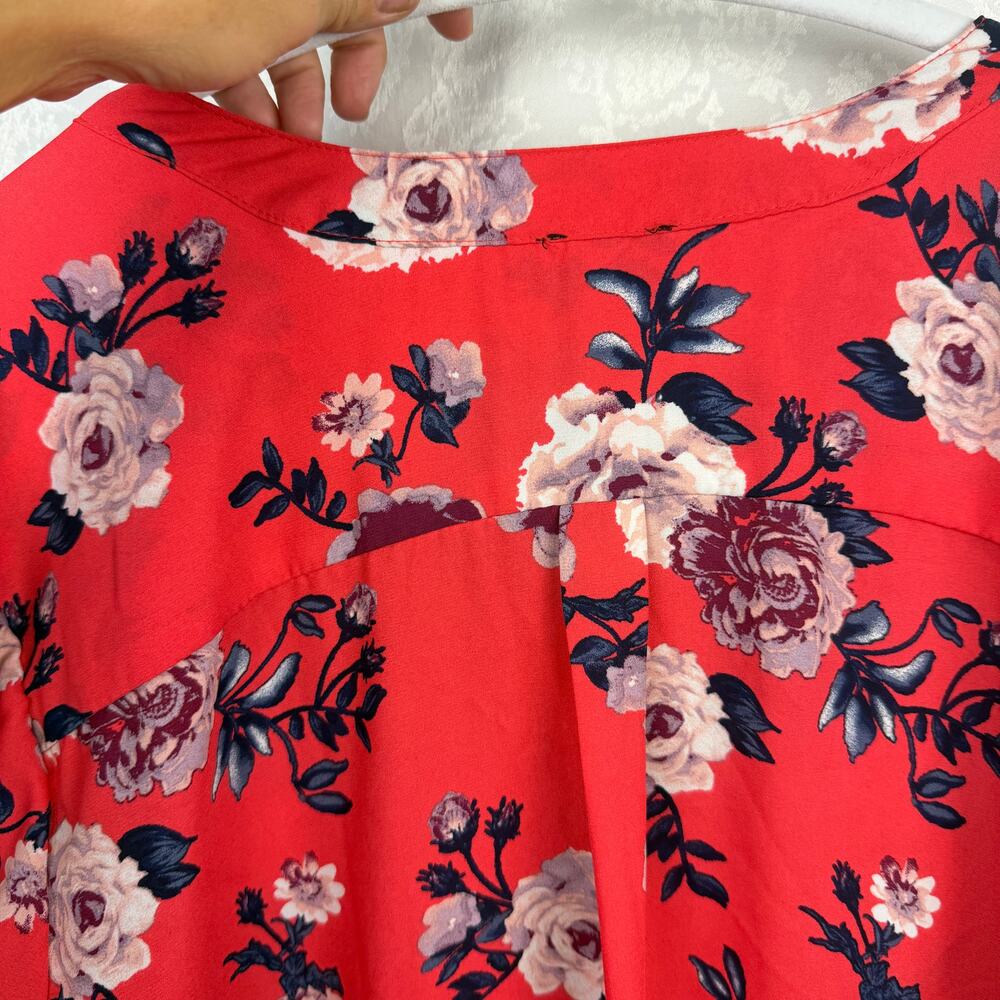 Justify Women's 2X Coral Red Floral Blouse Tunic Long Sleeve Zip Pocket Top - Picture 8 of 8